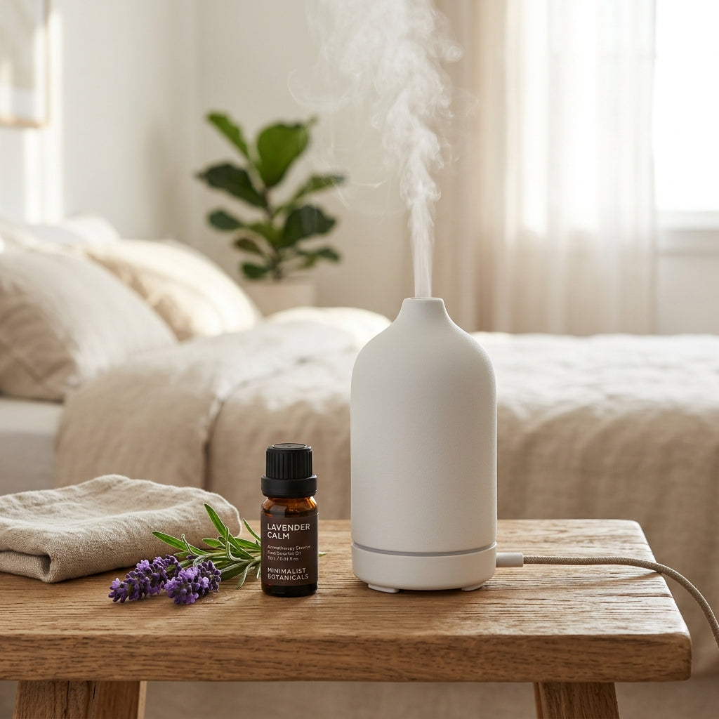 Ceramic essential oil diffuser with amber bottle and lavender
