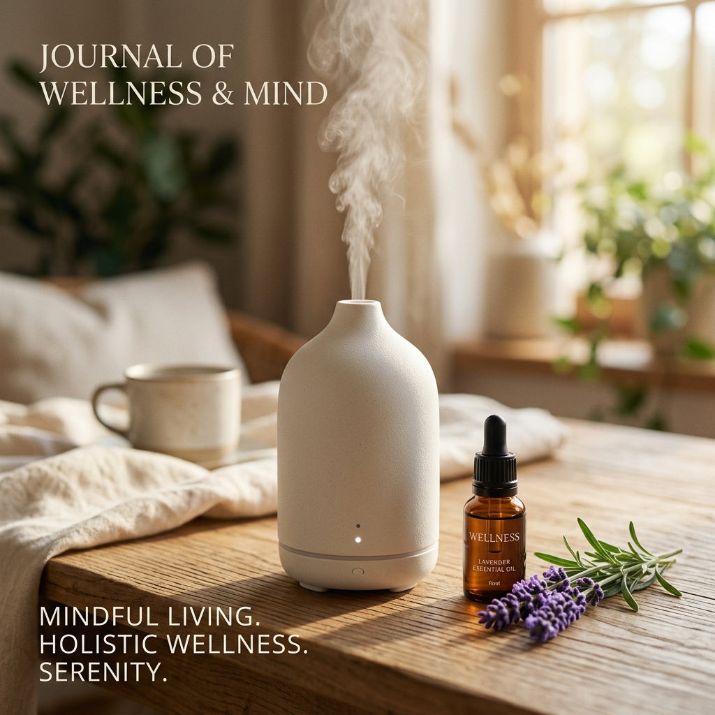 Minimalist ceramic diffuser with lavender and amber oil bottle in soft sunlight