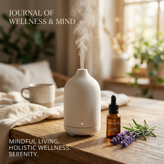 Minimalist ceramic diffuser with lavender and amber oil bottle in soft sunlight
