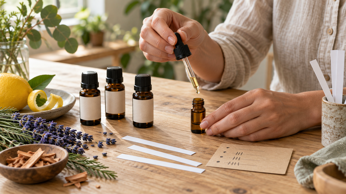 AI-generated editorial image for Essential oil blending chart: Pair scents with confidence