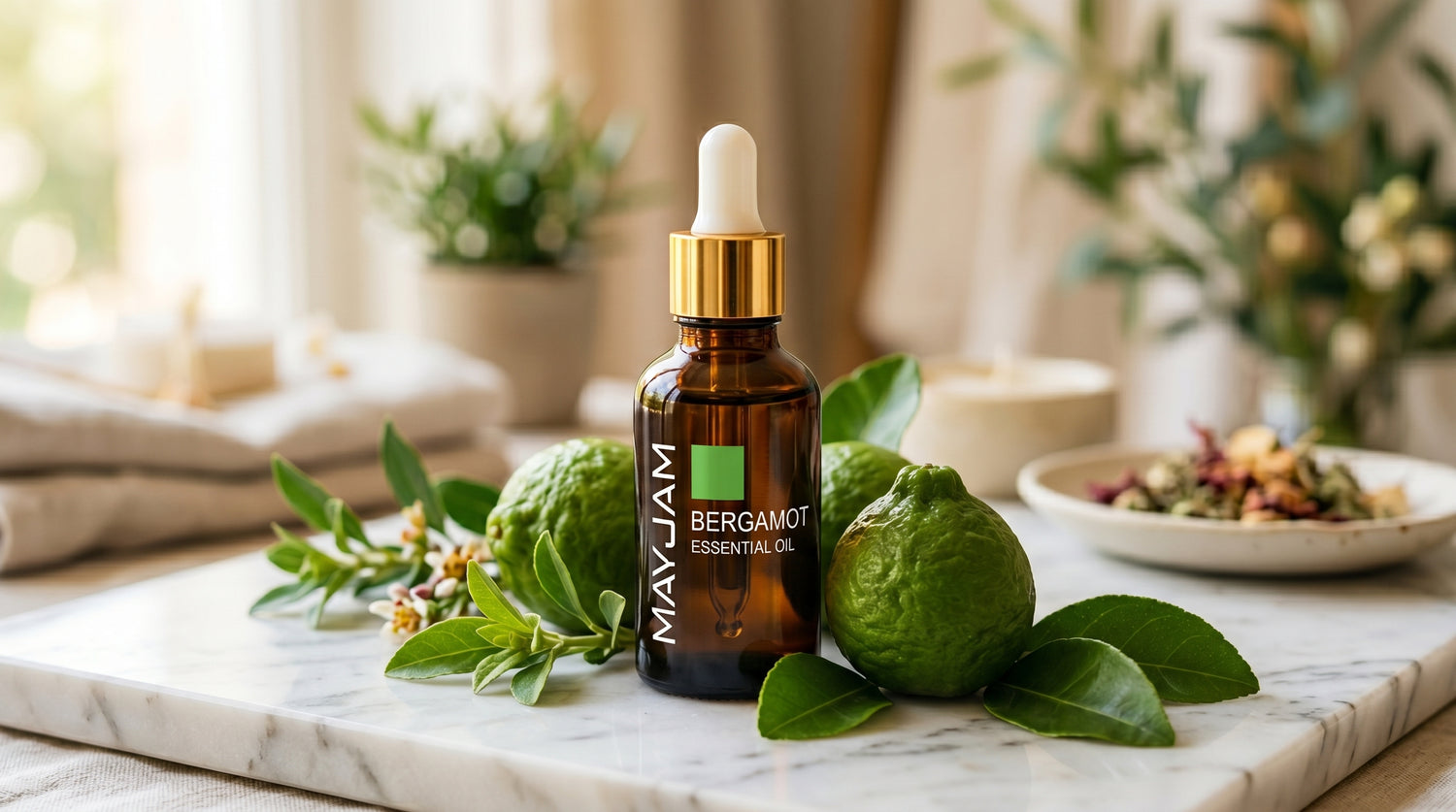 Mayjam Bergamot essential oil with fresh bergamot fruit