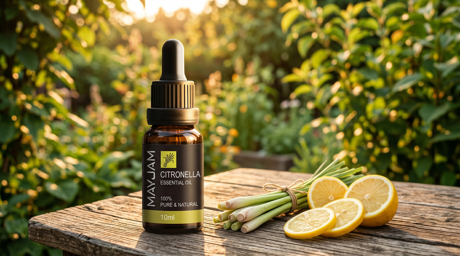 Mayjam Citronella essential oil on an outdoor table at golden hour with lemongrass and lemon