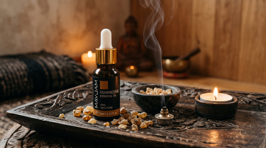 Mayjam Frankincense essential oil in a warm meditation corner with resin and incense