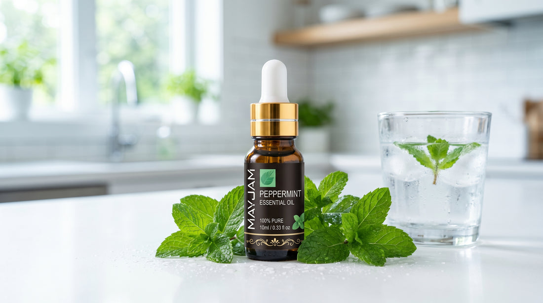 Mayjam Peppermint essential oil in a bright kitchen with fresh mint and iced water