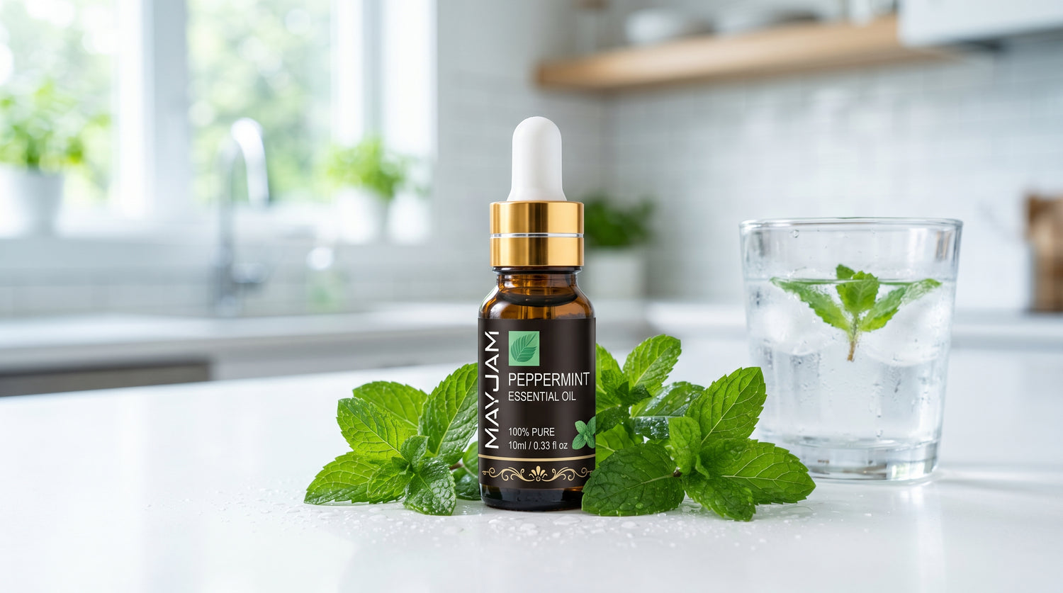 Mayjam Peppermint essential oil in a bright kitchen with fresh mint and iced water