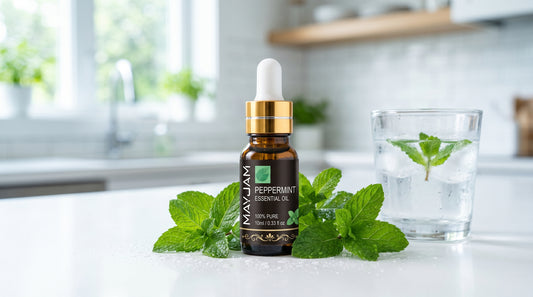 Mayjam Peppermint essential oil in a bright kitchen with fresh mint and iced water