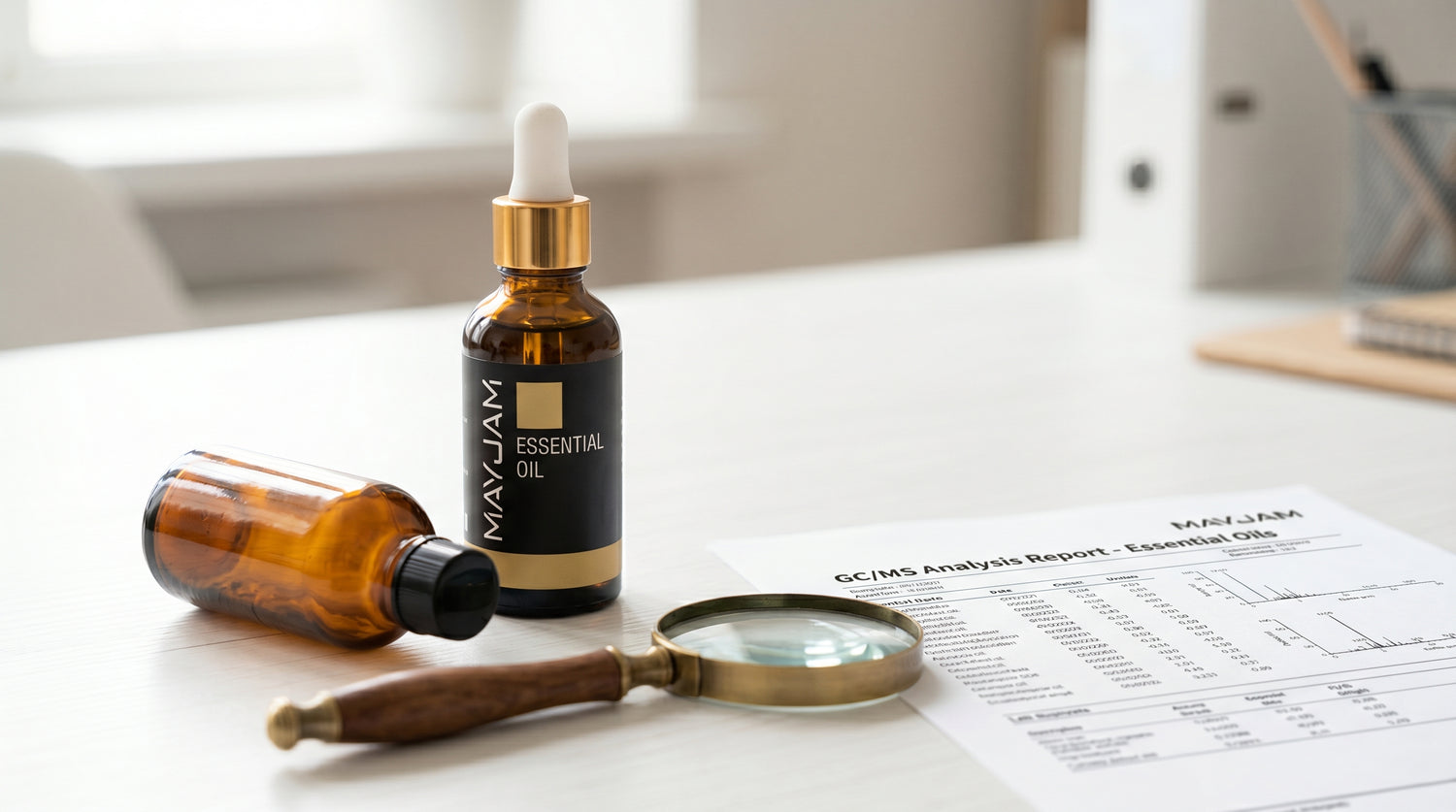 Genuine Mayjam essential oil beside an unbranded bottle with a magnifying glass and GC/MS report