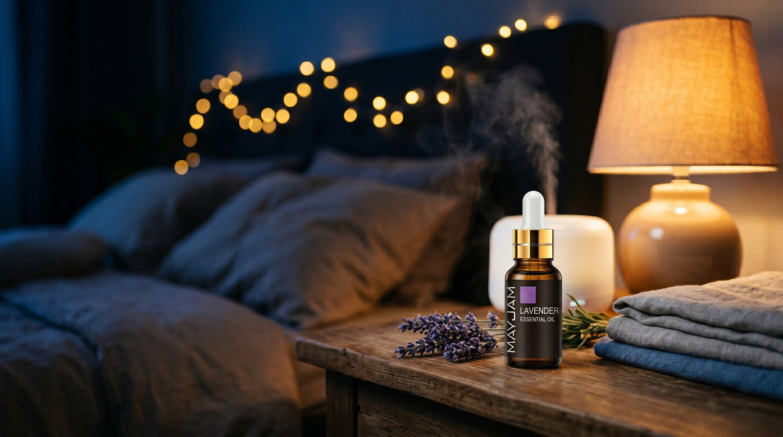 Mayjam Lavender essential oil on a cozy nighttime bedroom nightstand