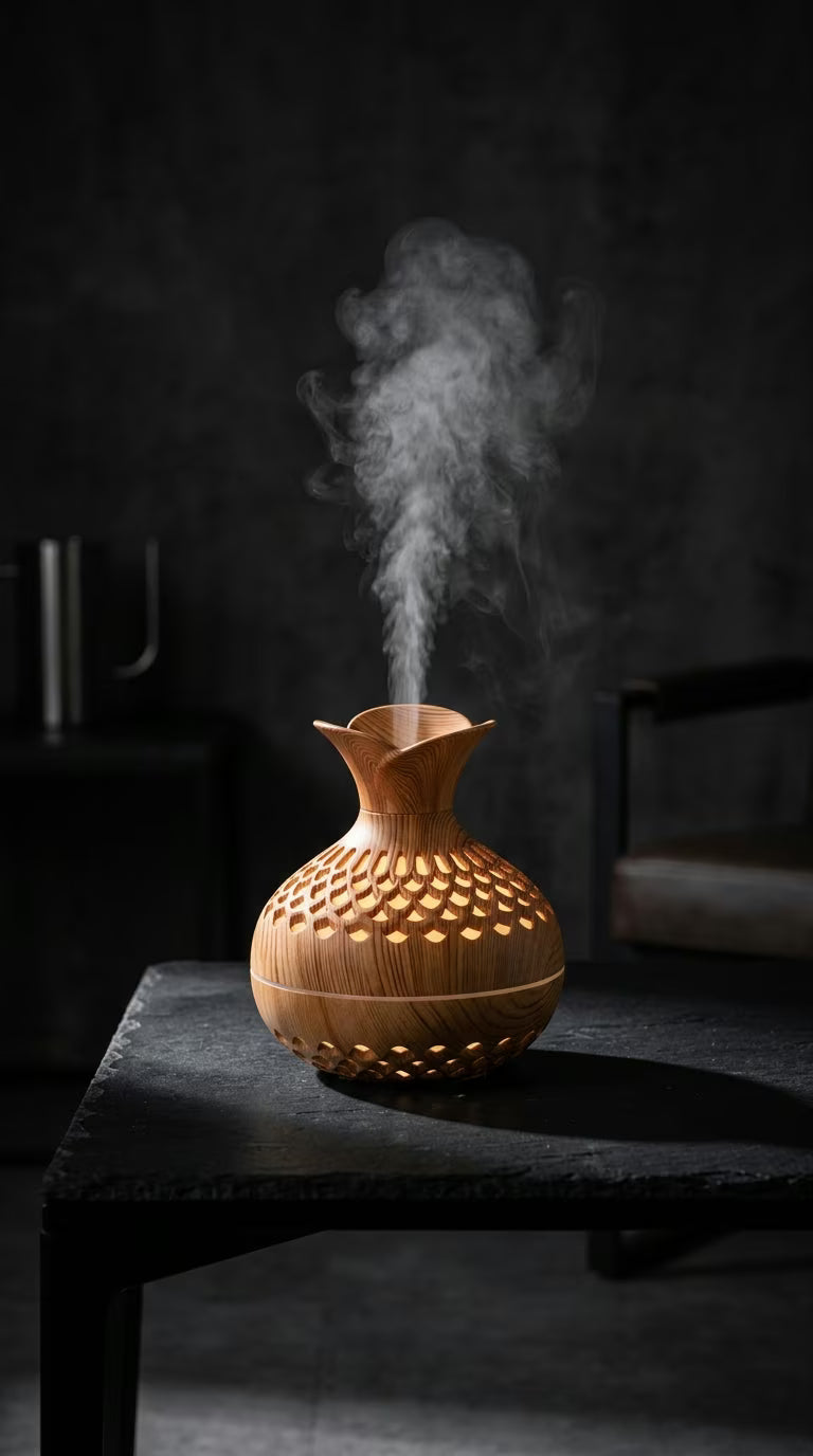Aroma Diffuser 300ml Wood Grain | USB Ultrasonic Essential Oil Humidifier | Mayjam - diffusing mist on a dark wood table