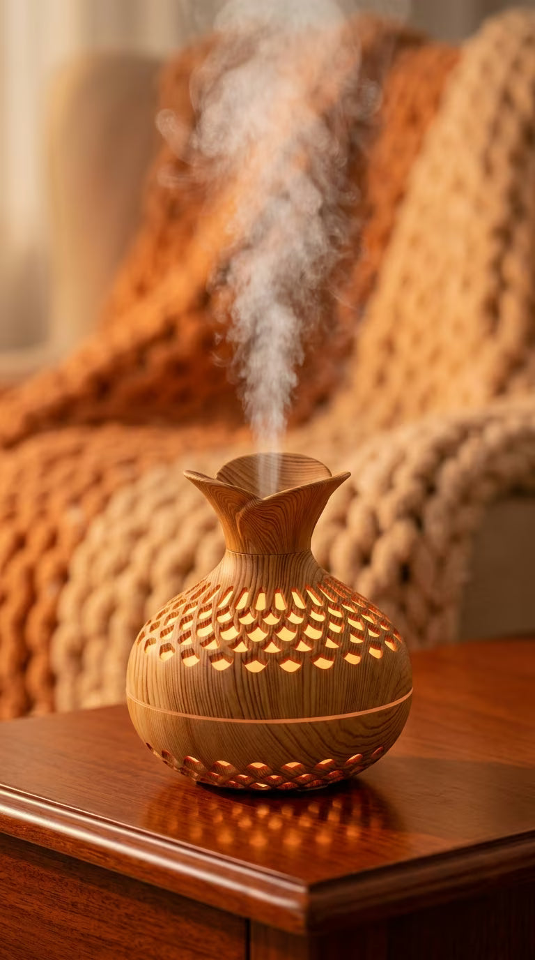Aroma Diffuser 300ml Wood Grain | USB Ultrasonic Essential Oil Humidifier | Mayjam - cozy evening setting with warm throw blanket
