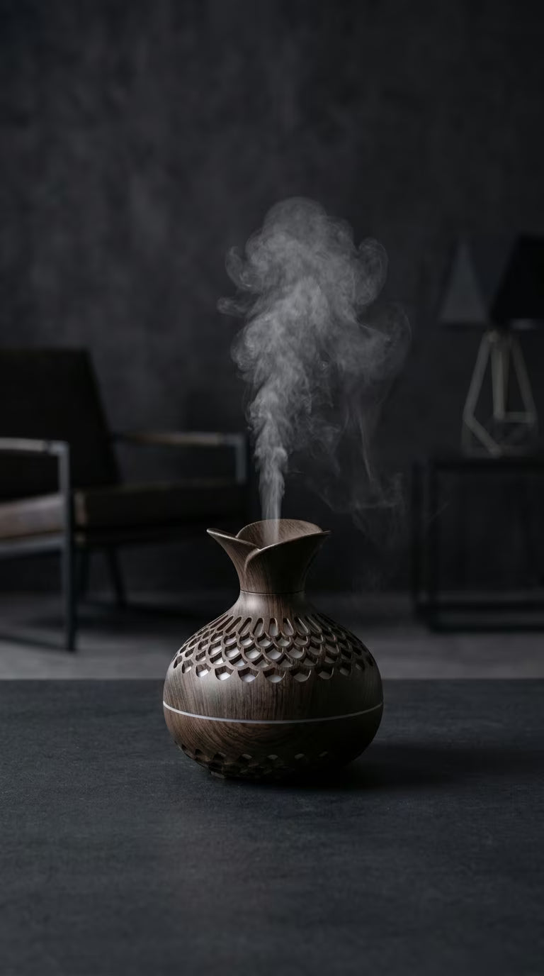 Aroma Diffuser 300ml Wood Grain | USB Ultrasonic Essential Oil Humidifier | Mayjam - diffusing in a dimly lit room with a plant