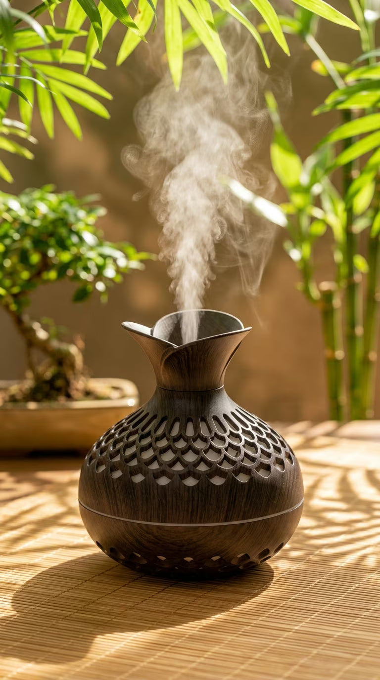 Aroma Diffuser 300ml Wood Grain | USB Ultrasonic Essential Oil Humidifier | Mayjam - bright daylight setting beside green plants