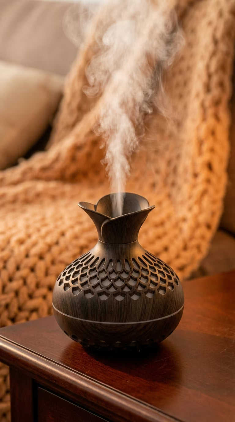 Aroma Diffuser 300ml Wood Grain | USB Ultrasonic Essential Oil Humidifier | Mayjam - close-up beside a knitted blanket