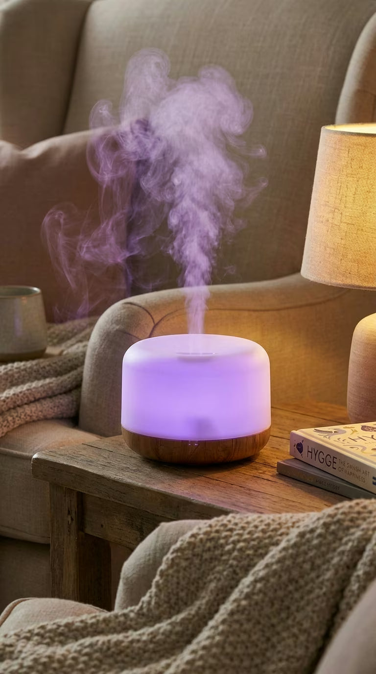 Aroma Diffuser 500ml Wood Grain | USB Essential Oil Humidifier with Colorful Night Light | Mayjam - purple night light glowing on a shelf