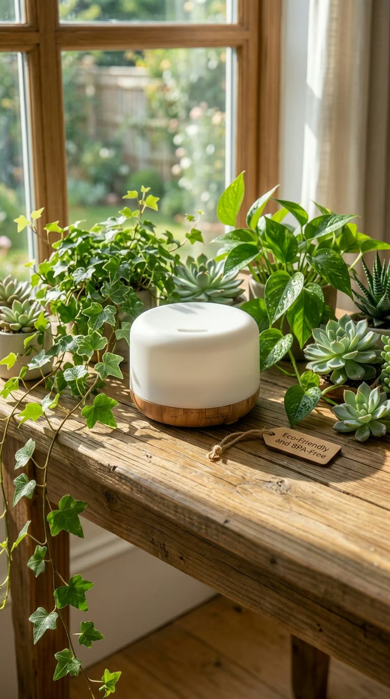 Aroma Diffuser 500ml Wood Grain | USB Essential Oil Humidifier with Colorful Night Light | Mayjam - on a windowsill surrounded by plants