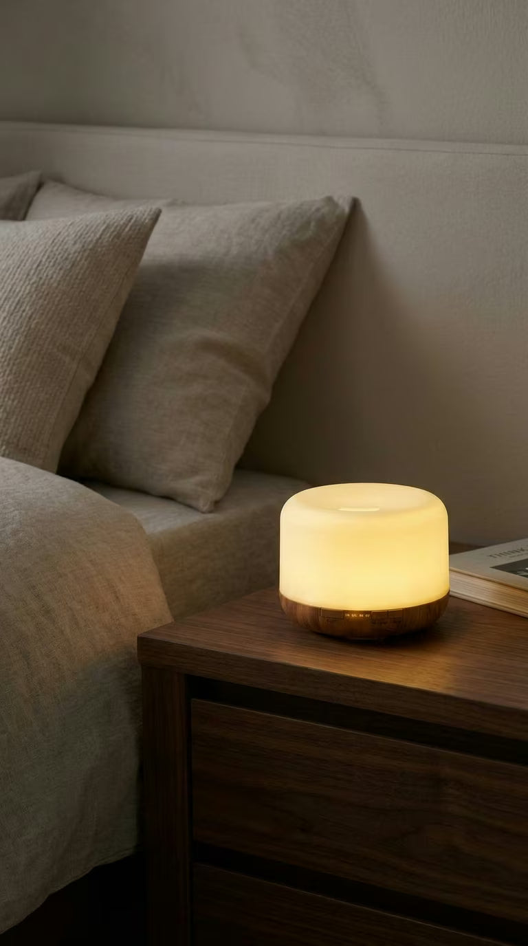 Aroma Diffuser 500ml Wood Grain | USB Essential Oil Humidifier with Colorful Night Light | Mayjam - warm-lit living room with cushions