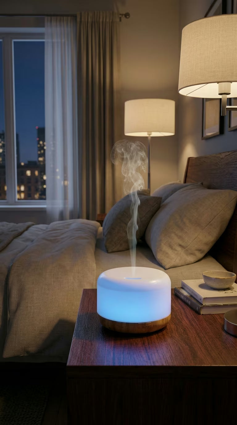Aroma Diffuser 500ml Wood Grain | USB Essential Oil Humidifier with Colorful Night Light | Mayjam - colorful blue light in a bedroom setting