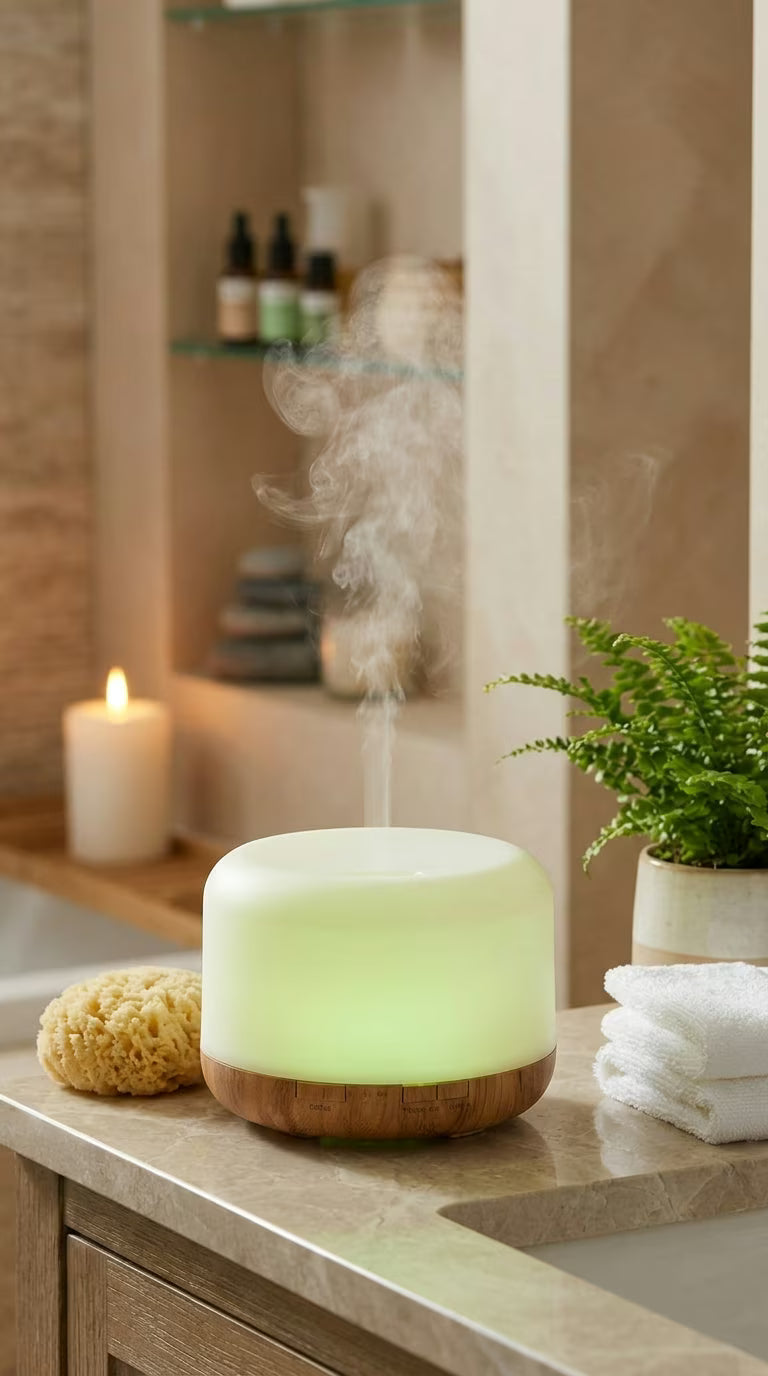Aroma Diffuser 500ml Wood Grain | USB Essential Oil Humidifier with Colorful Night Light | Mayjam - kitchen counter with candles and plants
