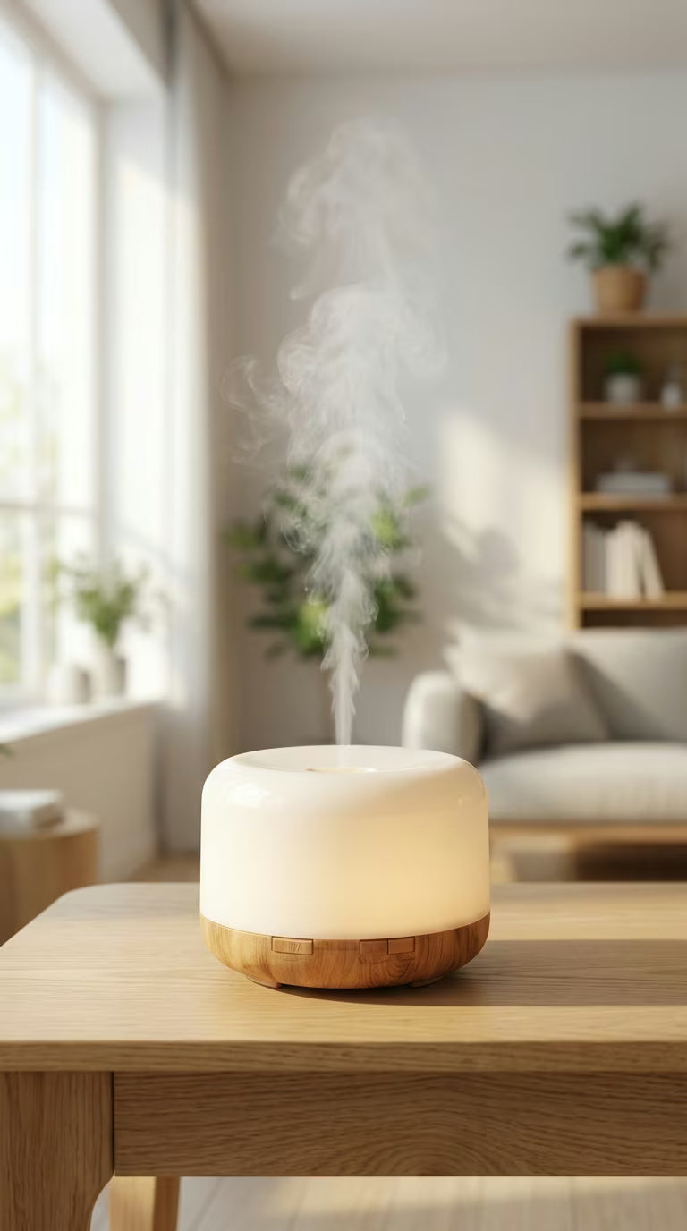 Aroma Diffuser 500ml Wood Grain | USB Essential Oil Humidifier with Colorful Night Light | Mayjam - living room shelf display