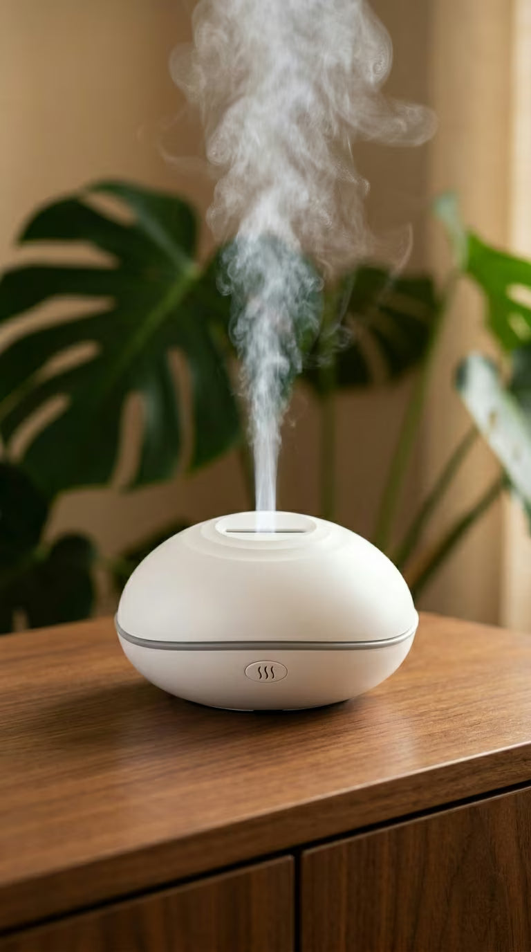 Flame Aroma Diffuser 200ml | Essential Oil Humidifier with Remote & 7-Color LED Light | Mayjam - white diffuser on a wood counter beside a plant