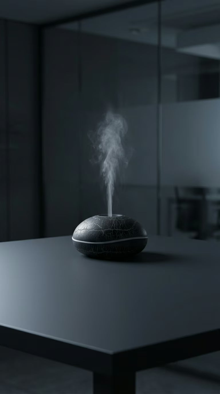 Flame Aroma Diffuser 200ml | Essential Oil Humidifier with Remote & 7-Color LED Light | Mayjam - black diffuser on a dark surface