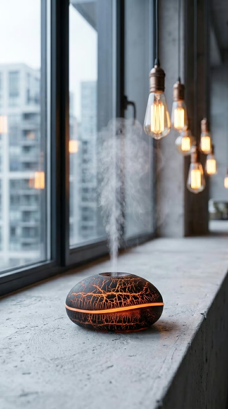 Flame Aroma Diffuser 200ml | Essential Oil Humidifier with Remote & 7-Color LED Light | Mayjam - black diffuser by a city window with string lights