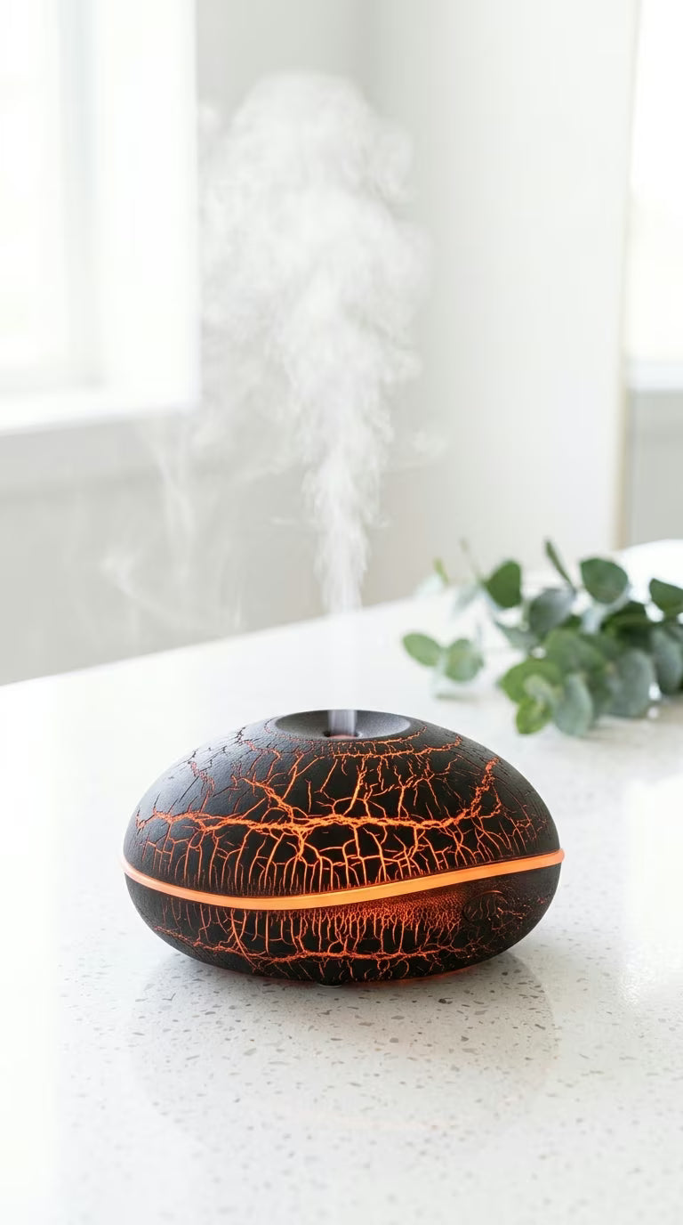 Flame Aroma Diffuser 200ml | Essential Oil Humidifier with Remote & 7-Color LED Light | Mayjam - close-up of the black and copper-tone finish