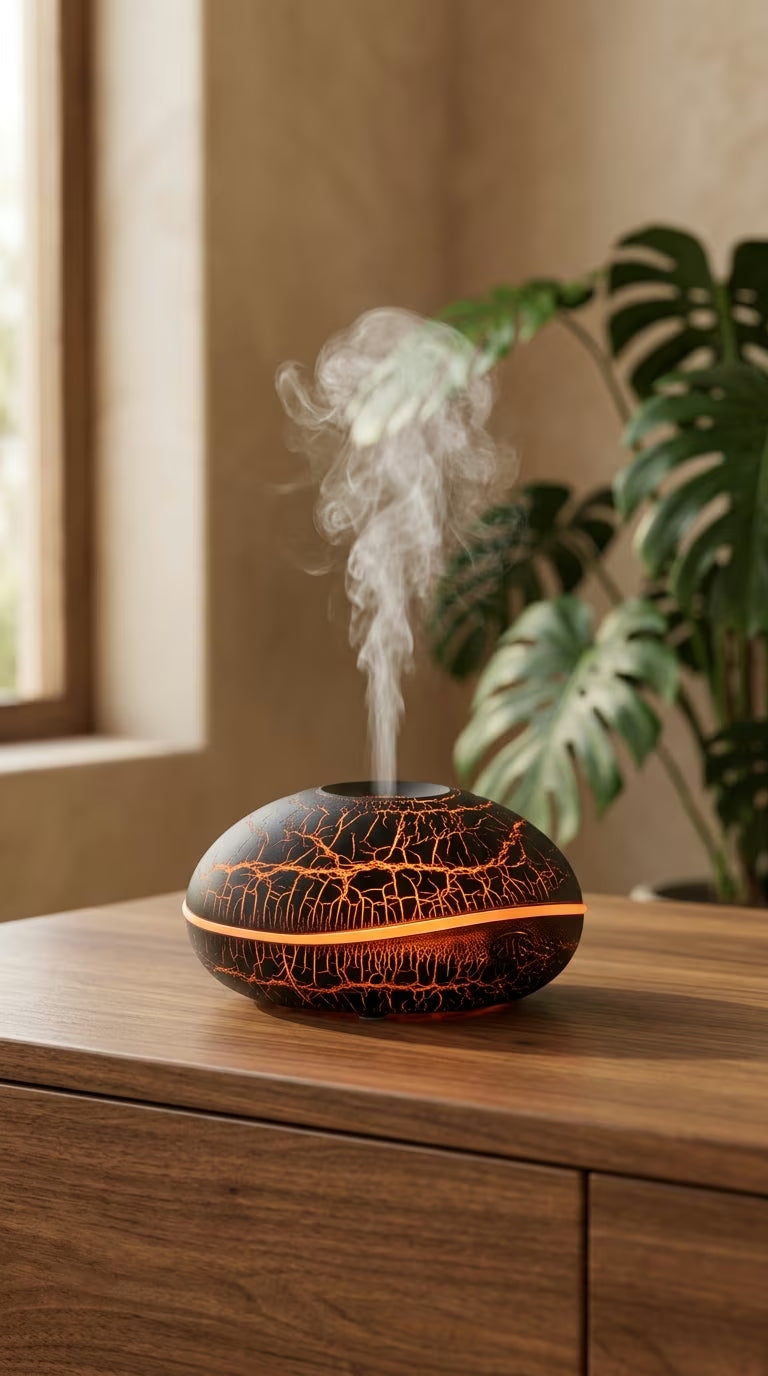 Flame Aroma Diffuser 200ml | Essential Oil Humidifier with Remote & 7-Color LED Light | Mayjam - black diffuser beside a plant in a warm-toned room