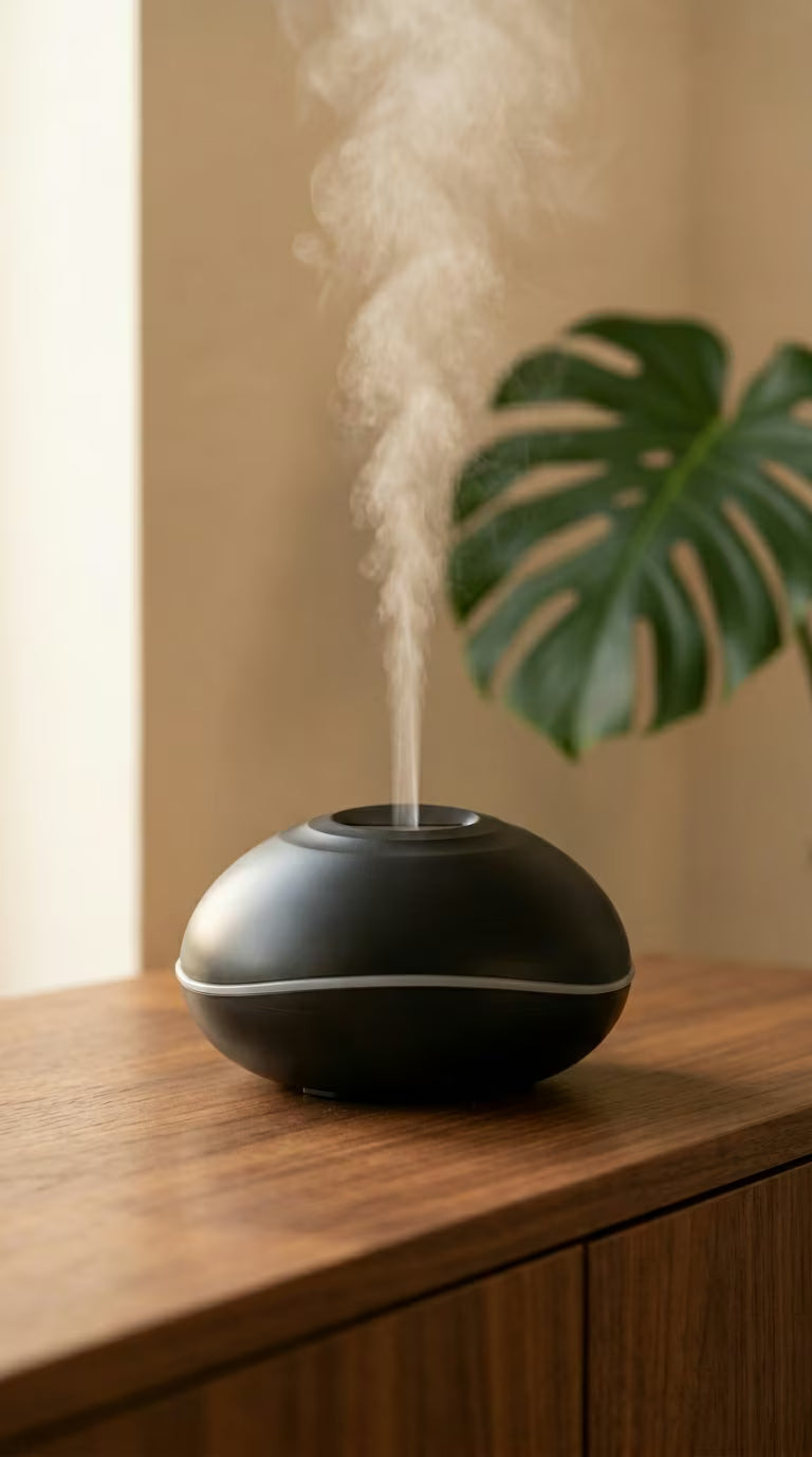 Flame Aroma Diffuser 200ml | Essential Oil Humidifier with Remote & 7-Color LED Light | Mayjam - black diffuser on a wood counter beside a plant