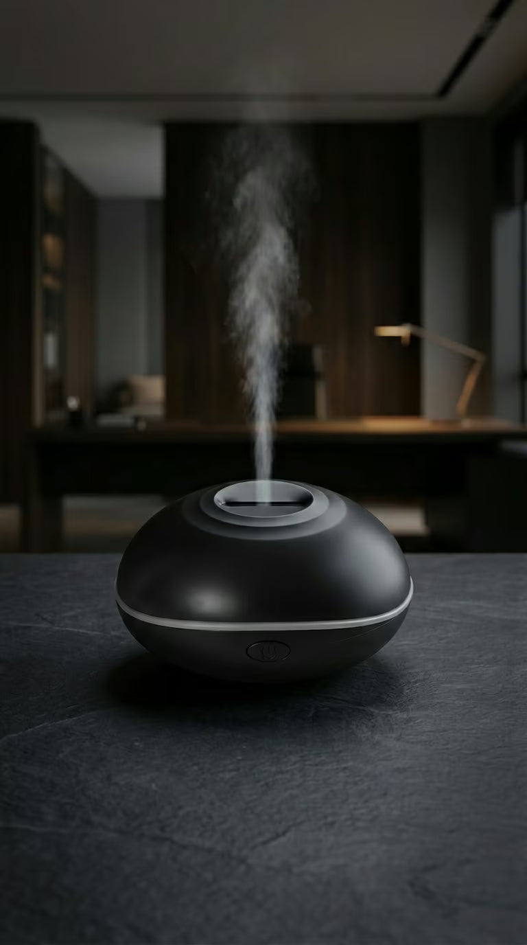 Flame Aroma Diffuser 200ml | Essential Oil Humidifier with Remote & 7-Color LED Light | Mayjam - black diffuser misting on a concrete surface