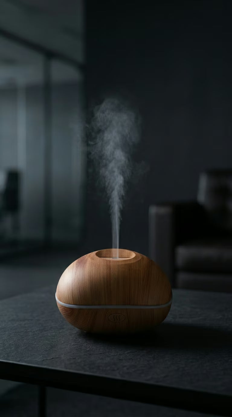 Flame Aroma Diffuser 200ml | Essential Oil Humidifier with Remote & 7-Color LED Light | Mayjam - wood-grain diffuser misting in a dark room