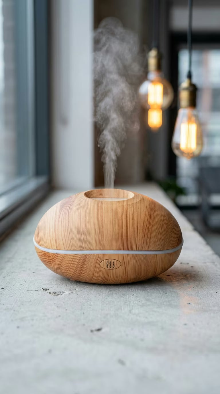Flame Aroma Diffuser 200ml | Essential Oil Humidifier with Remote & 7-Color LED Light | Mayjam - wood-grain diffuser by a window at dusk with string lights
