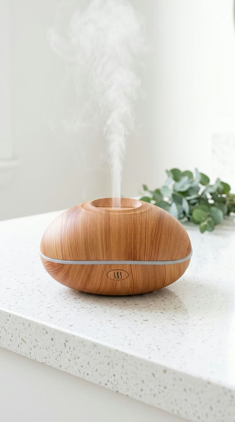 Flame Aroma Diffuser 200ml | Essential Oil Humidifier with Remote & 7-Color LED Light | Mayjam - wood-grain diffuser on a white surface beside a plant