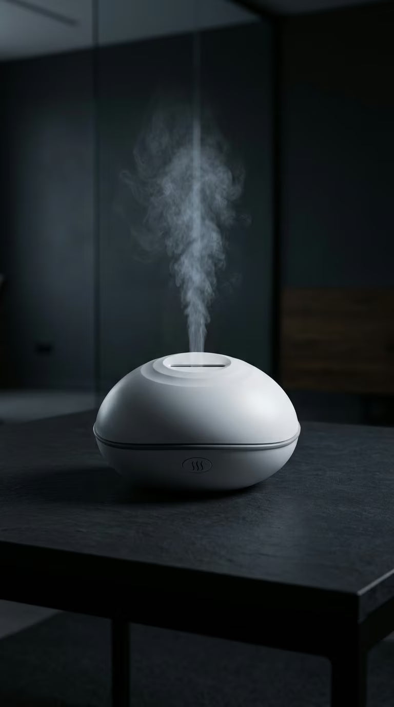 Flame Aroma Diffuser 200ml | Essential Oil Humidifier with Remote & 7-Color LED Light | Mayjam - white diffuser misting in a dark room