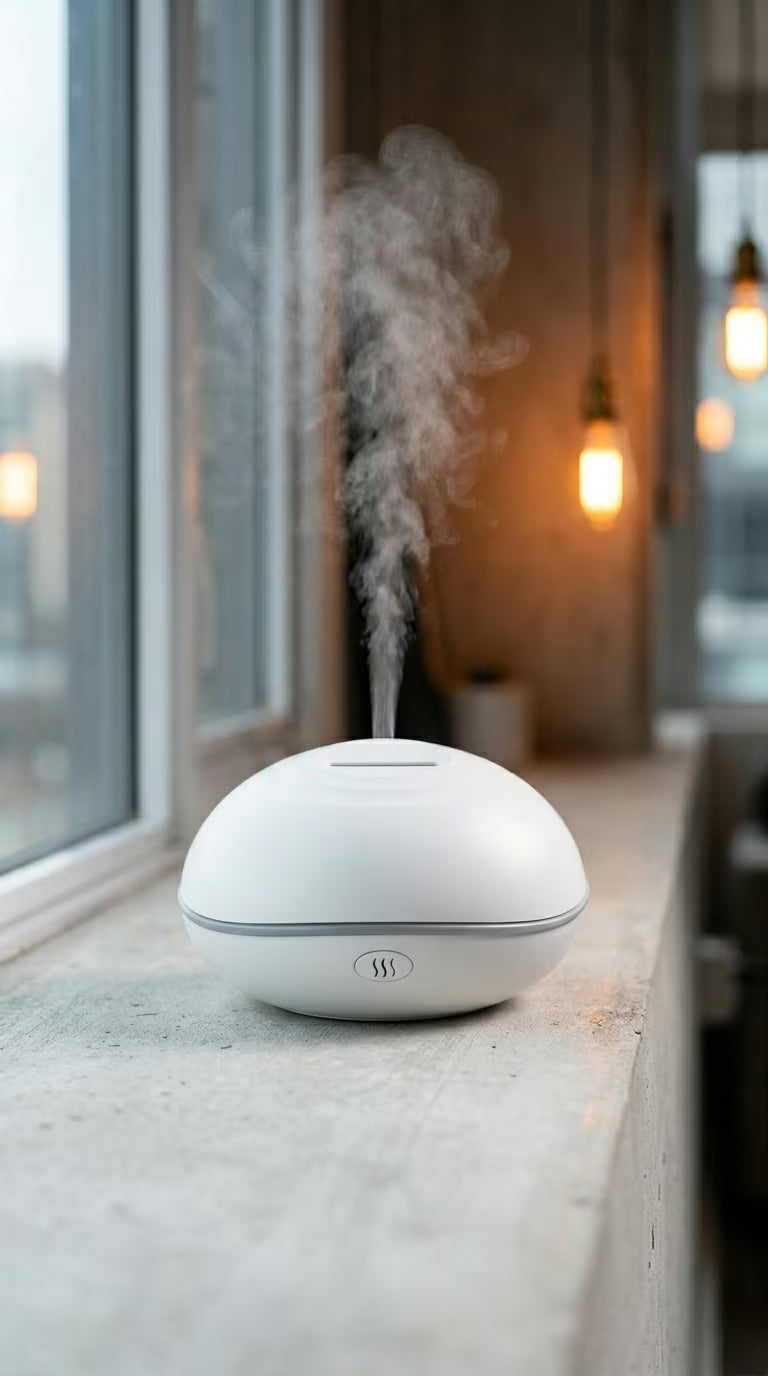Flame Aroma Diffuser 200ml | Essential Oil Humidifier with Remote & 7-Color LED Light | Mayjam - white diffuser by a window beside a candle