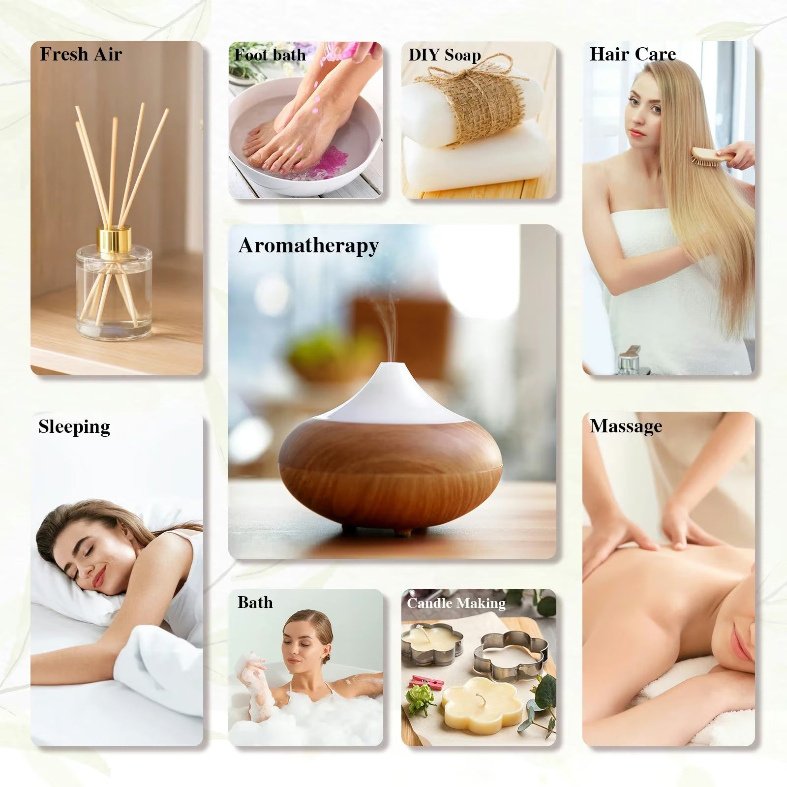 Fruit Aroma Fragrance Oil Gift Set 8 Bottles | Mayjam - infographic showing fresh air, foot bath, DIY soap, hair care, sleep, massage and bath uses