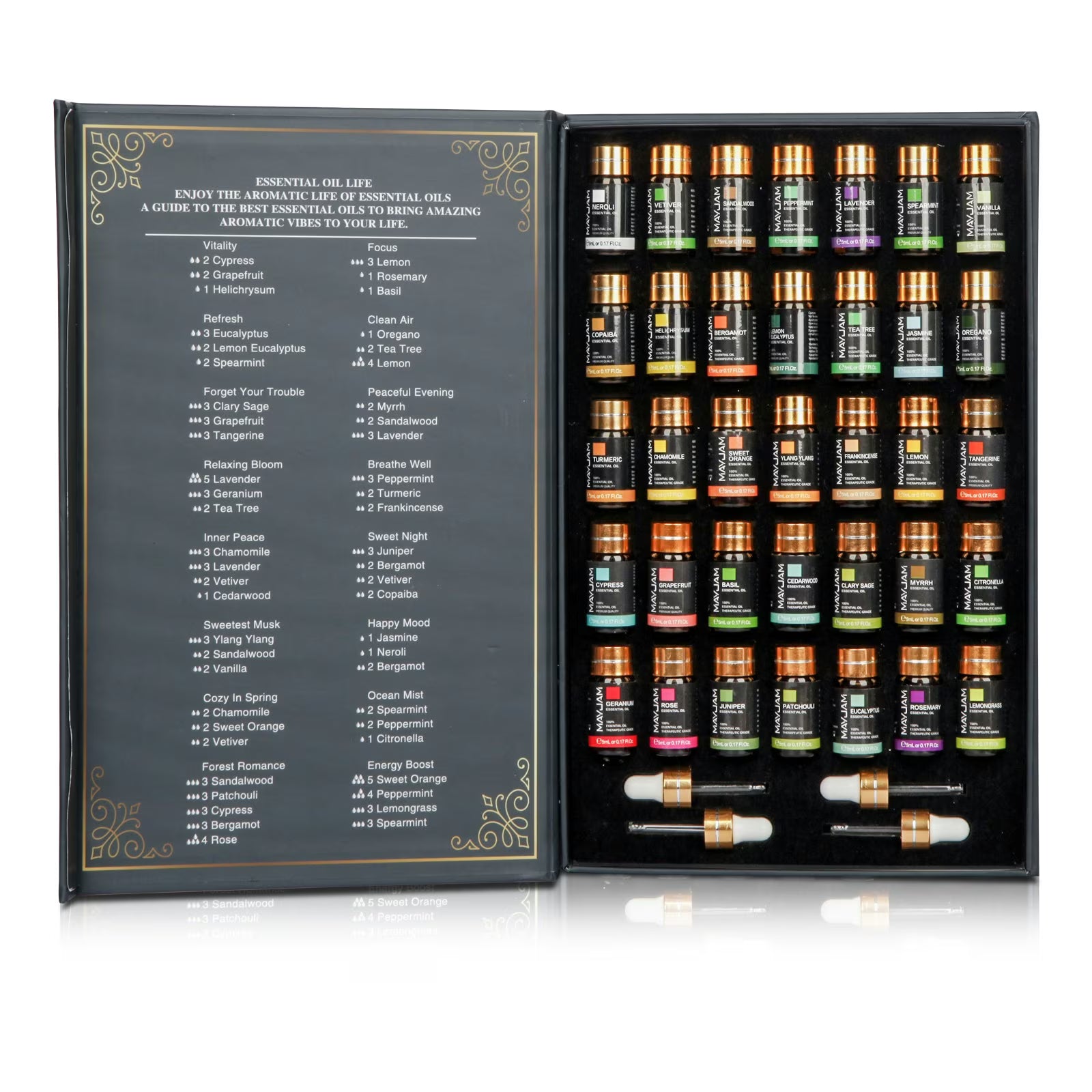 Natural & Aroma Essential Oil Gift Box 35 Bottles | Discovery Collection | Mayjam - open box showing the full scent list