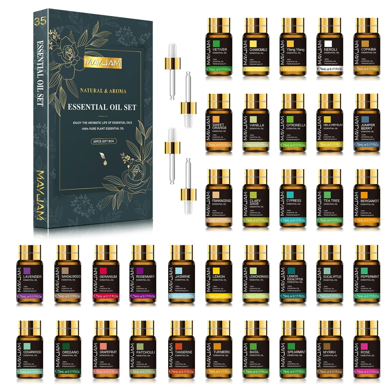 Natural & Aroma Essential Oil Gift Box 35 Bottles | Discovery Collection | Mayjam - box and bottle grid showing full contents