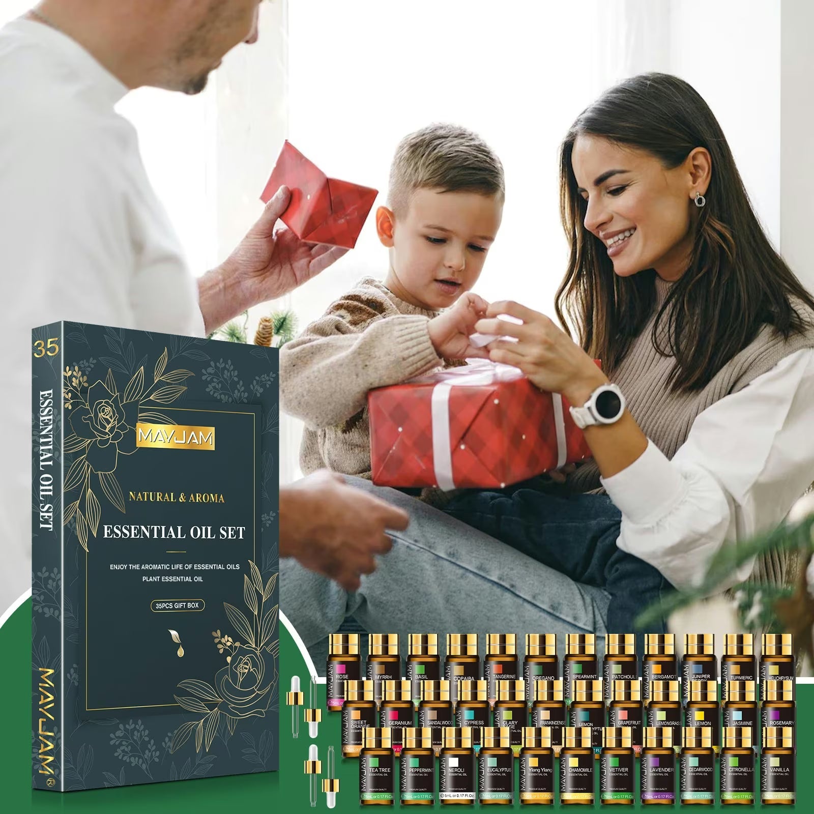 Natural & Aroma Essential Oil Gift Box 35 Bottles | Discovery Collection | Mayjam - family gifting the box to children