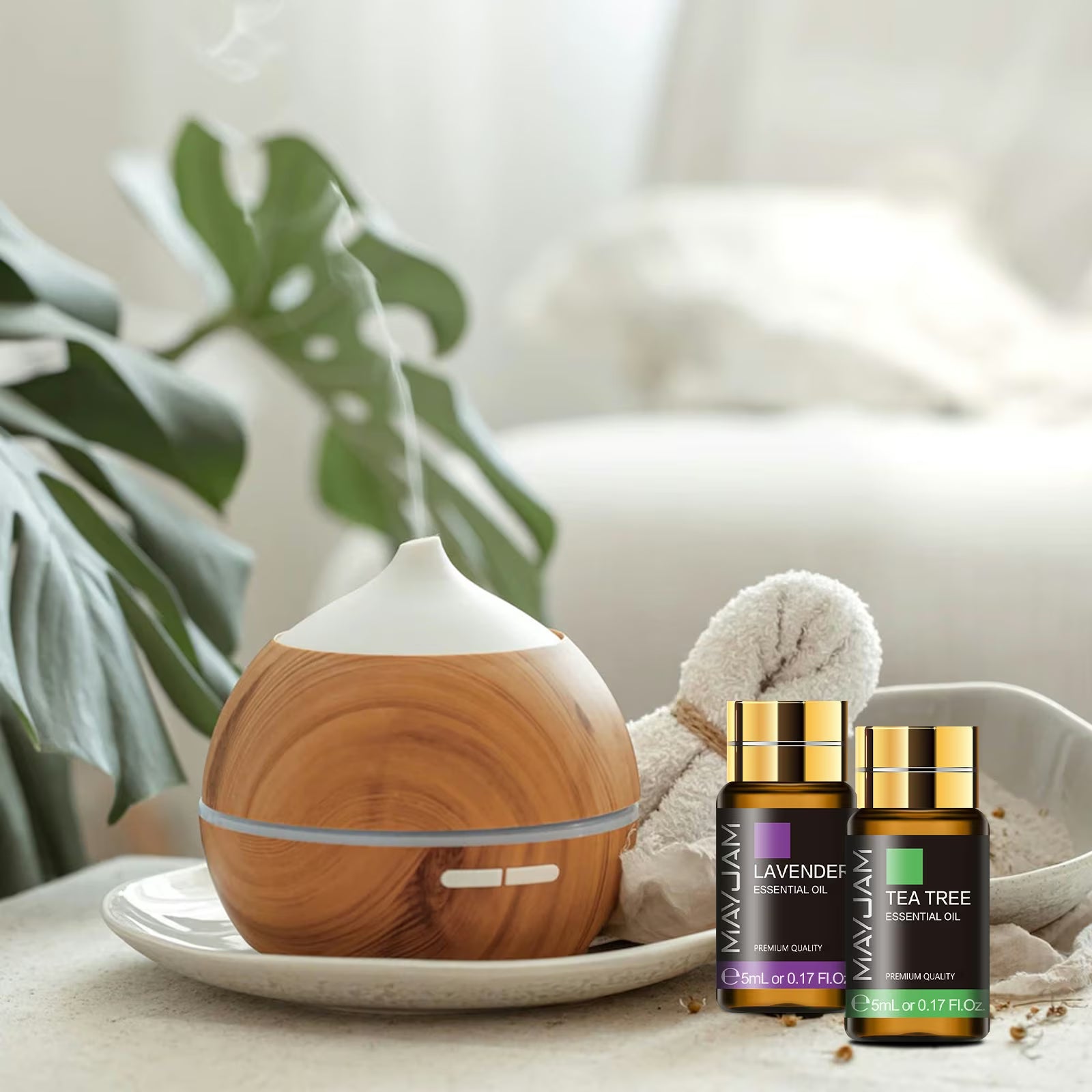 Natural & Aroma Essential Oil Gift Box 35 Bottles | Discovery Collection | Mayjam - diffuser and oil bottles in a spa-style lifestyle setting