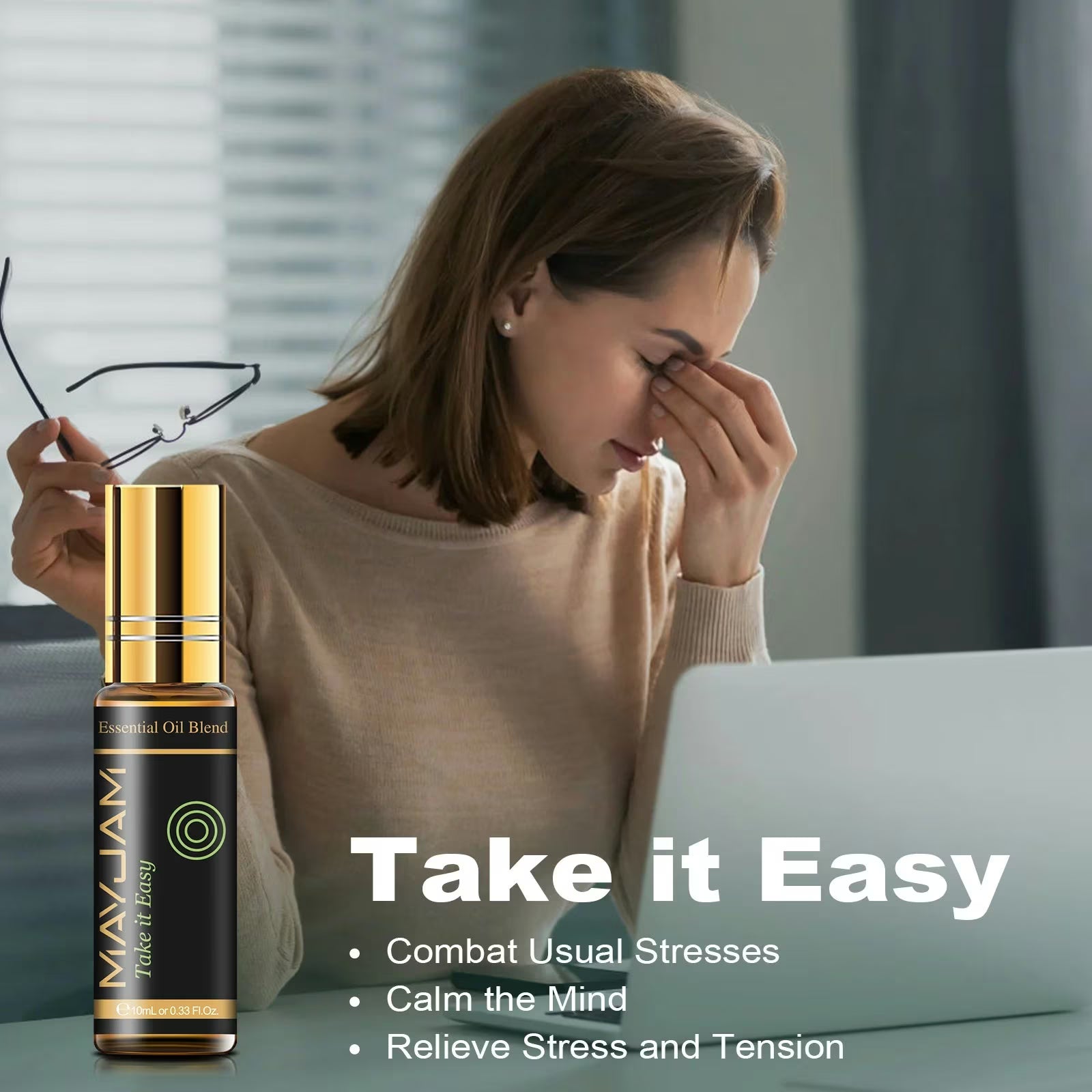 Premium Essential Oils Gift Box 28 Bottles | Aromatherapy Collection | Mayjam - "Take It Easy" infographic on stress relief