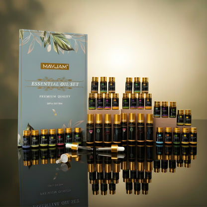 Premium Essential Oils Gift Box 28 Bottles | Aromatherapy Collection | Mayjam - box and bottle grid layout