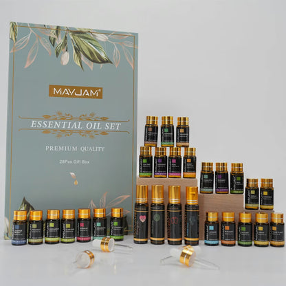 Premium Essential Oils Gift Box 28 Bottles | Aromatherapy Collection | Mayjam - box, bottle grid and product label close-up