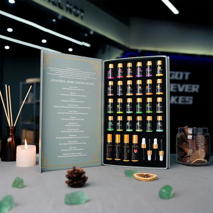 Premium Essential Oils Gift Box 28 Bottles | Aromatherapy Collection | Mayjam - store display with bottles and decorative branches
