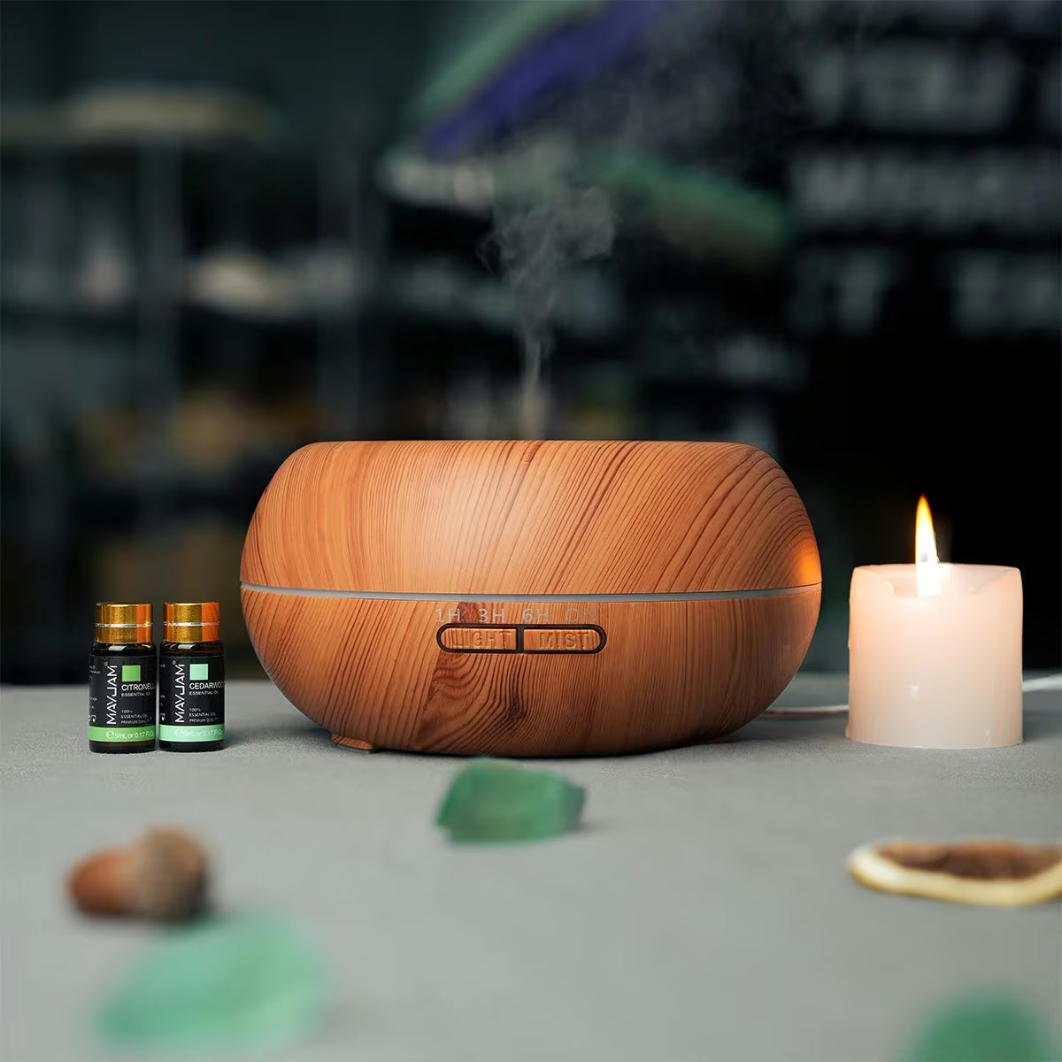Premium Essential Oils Gift Box 28 Bottles | Aromatherapy Collection | Mayjam - diffuser misting beside candles and bottles