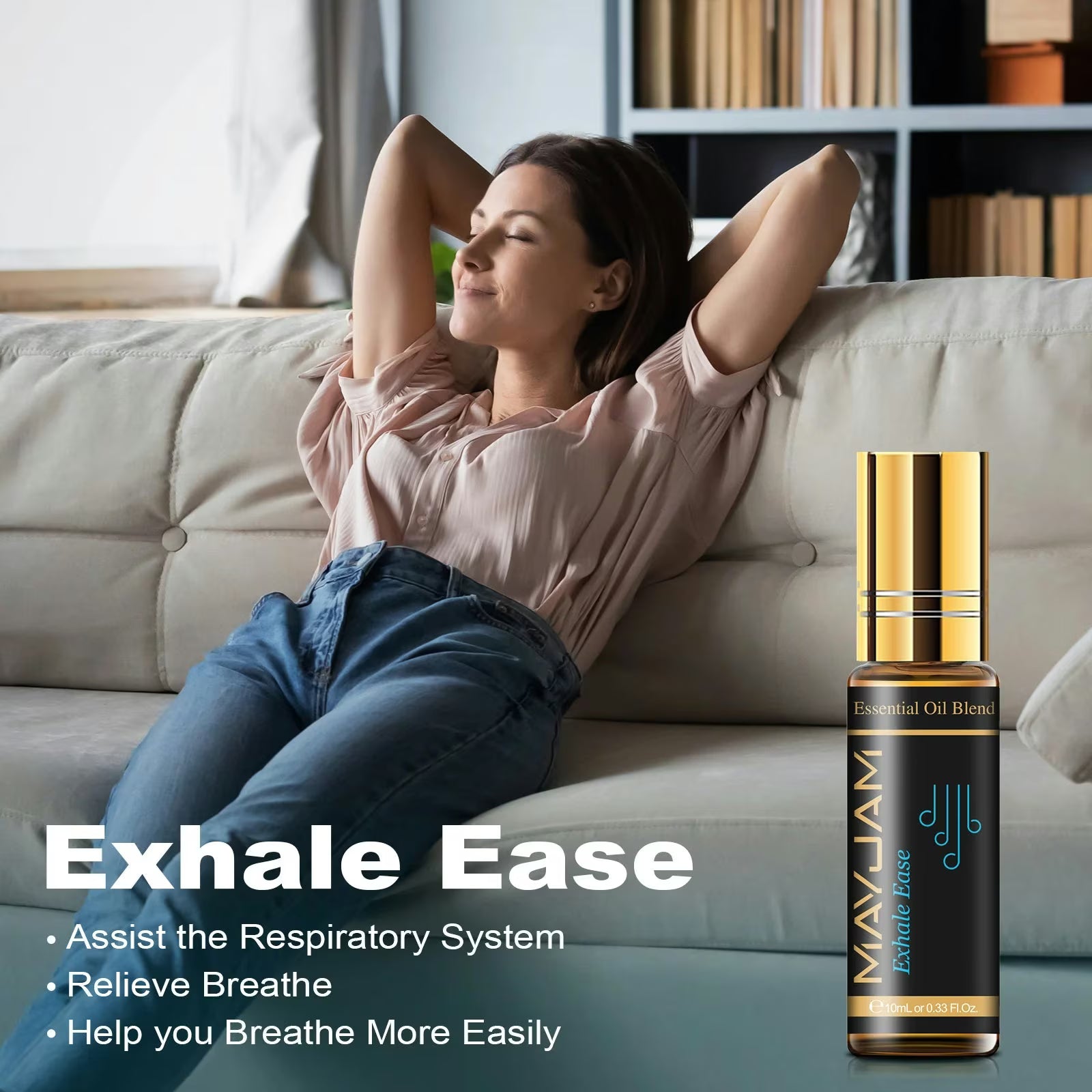 Premium Essential Oils Gift Box 28 Bottles | Aromatherapy Collection | Mayjam - "Exhale Ease" infographic on respiratory benefits